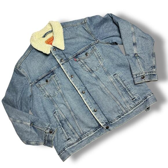 Levi’s Sherpa Lined Denim Trucker Jacket Faded Blue 90s Style Jean Jacket Sz XL - Picture 9 of 9